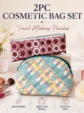 2pc Cosmetic Bag Set Geometric & Pastel Plaid Travel Makeup Pouch Pencil Case